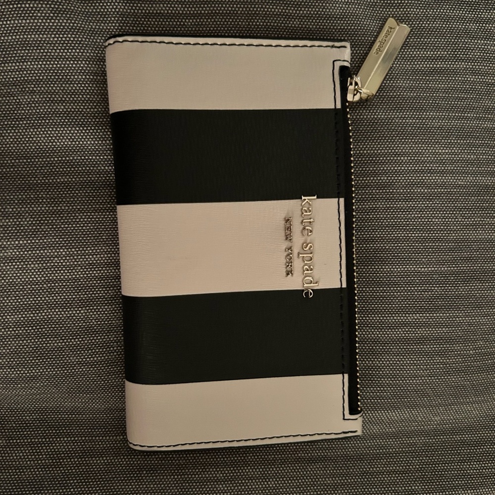 Kate Spade Spencer Stripe Black Optic White Pink Slime Bifold Wallet